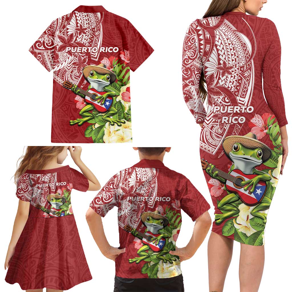 Puerto Rico Coqui Frog Family Matching Long Sleeve Bodycon Dress and Hawaiian Shirt Tropical Flowers Polynesian Style - Wonder Print Shop