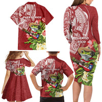 Puerto Rico Coqui Frog Family Matching Long Sleeve Bodycon Dress and Hawaiian Shirt Tropical Flowers Polynesian Style - Wonder Print Shop