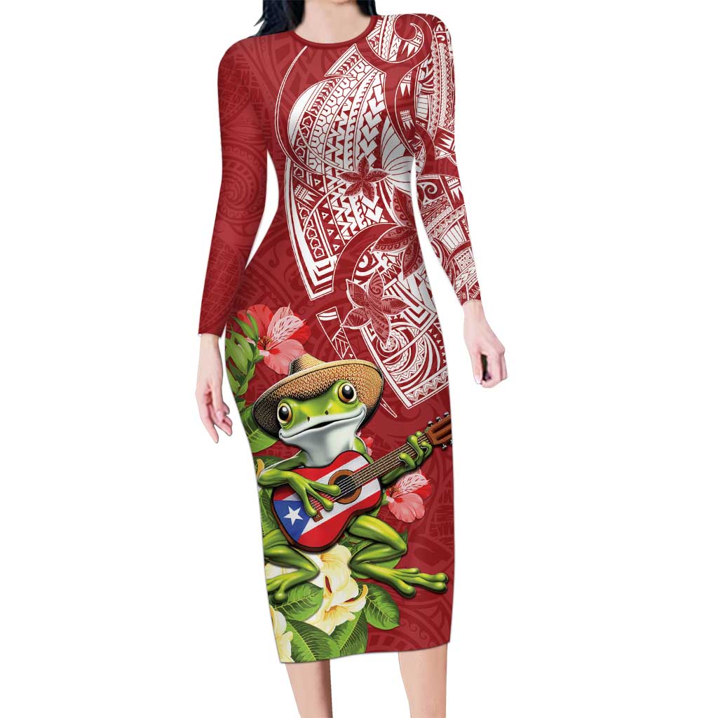 Puerto Rico Coqui Frog Family Matching Long Sleeve Bodycon Dress and Hawaiian Shirt Tropical Flowers Polynesian Style - Wonder Print Shop