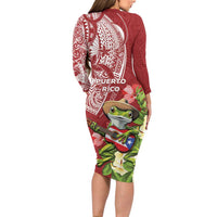 Puerto Rico Coqui Frog Family Matching Long Sleeve Bodycon Dress and Hawaiian Shirt Tropical Flowers Polynesian Style - Wonder Print Shop