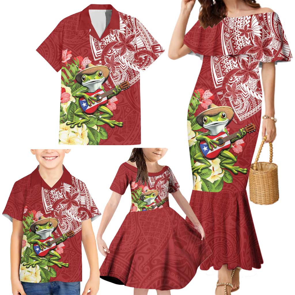 Puerto Rico Coqui Frog Family Matching Mermaid Dress and Hawaiian Shirt Tropical Flowers Polynesian Style - Wonder Print Shop