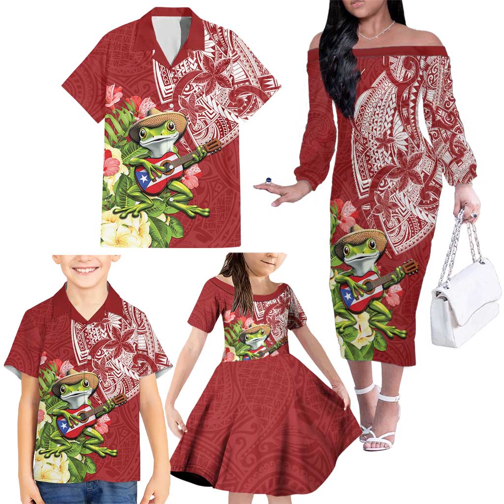 Puerto Rico Coqui Frog Family Matching Off The Shoulder Long Sleeve Dress and Hawaiian Shirt Tropical Flowers Polynesian Style - Wonder Print Shop