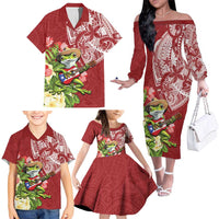 Puerto Rico Coqui Frog Family Matching Off The Shoulder Long Sleeve Dress and Hawaiian Shirt Tropical Flowers Polynesian Style - Wonder Print Shop