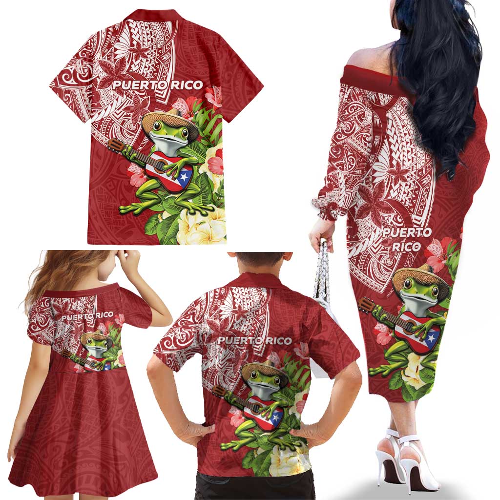 Puerto Rico Coqui Frog Family Matching Off The Shoulder Long Sleeve Dress and Hawaiian Shirt Tropical Flowers Polynesian Style - Wonder Print Shop