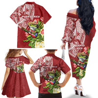 Puerto Rico Coqui Frog Family Matching Off The Shoulder Long Sleeve Dress and Hawaiian Shirt Tropical Flowers Polynesian Style - Wonder Print Shop