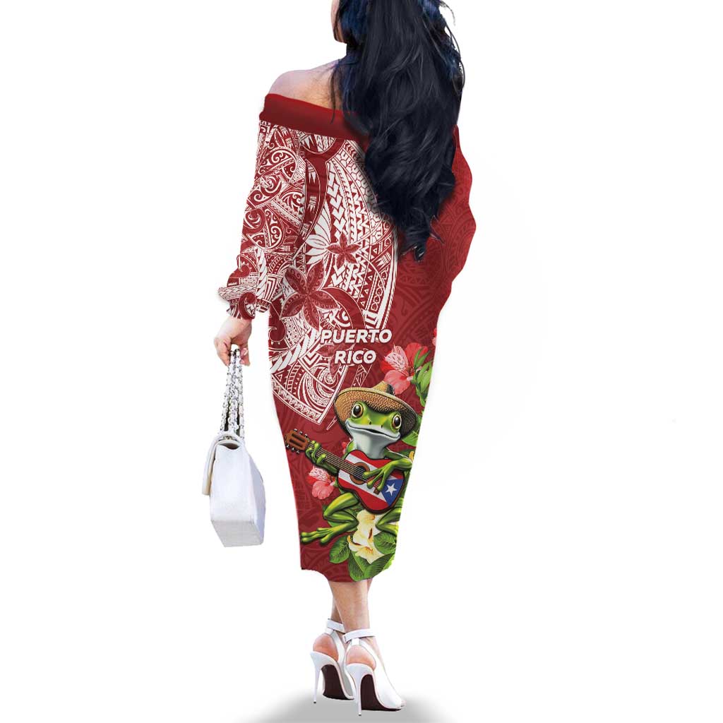 Puerto Rico Coqui Frog Family Matching Off The Shoulder Long Sleeve Dress and Hawaiian Shirt Tropical Flowers Polynesian Style - Wonder Print Shop