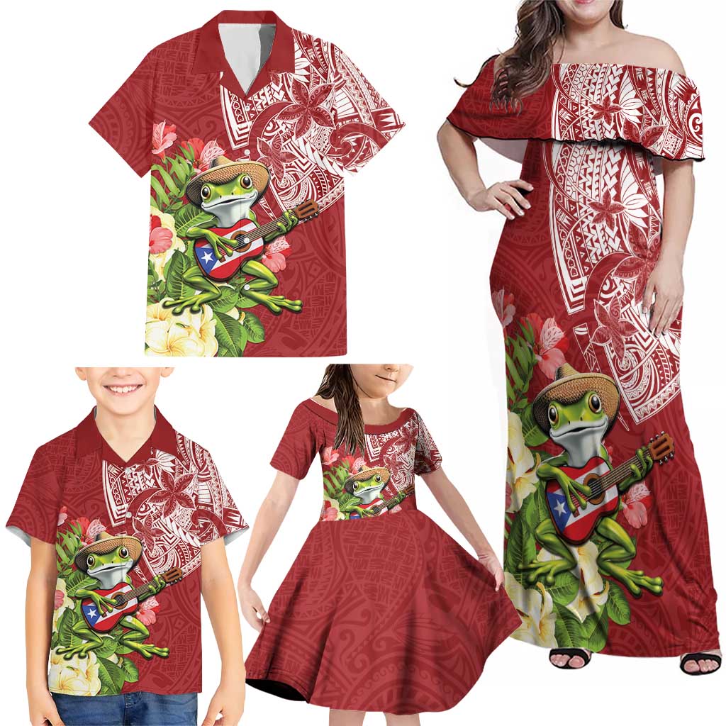 Puerto Rico Coqui Frog Family Matching Off Shoulder Maxi Dress and Hawaiian Shirt Tropical Flowers Polynesian Style - Wonder Print Shop