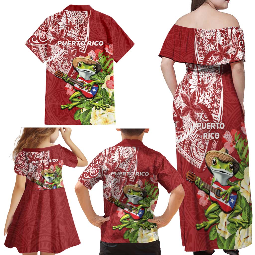 Puerto Rico Coqui Frog Family Matching Off Shoulder Maxi Dress and Hawaiian Shirt Tropical Flowers Polynesian Style - Wonder Print Shop
