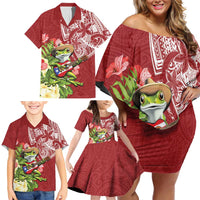 Puerto Rico Coqui Frog Family Matching Off Shoulder Short Dress and Hawaiian Shirt Tropical Flowers Polynesian Style - Wonder Print Shop
