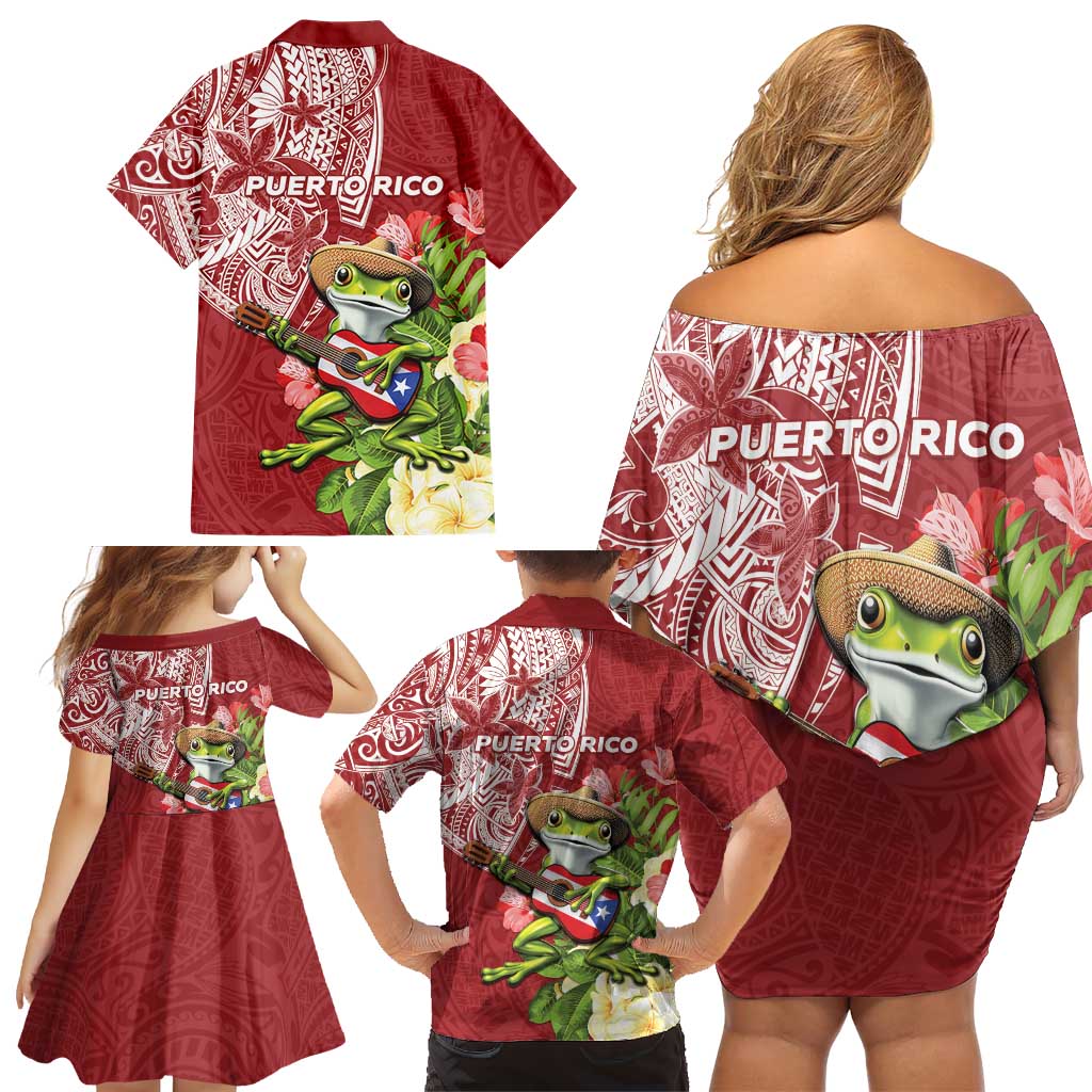 Puerto Rico Coqui Frog Family Matching Off Shoulder Short Dress and Hawaiian Shirt Tropical Flowers Polynesian Style - Wonder Print Shop