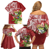 Puerto Rico Coqui Frog Family Matching Off Shoulder Short Dress and Hawaiian Shirt Tropical Flowers Polynesian Style - Wonder Print Shop