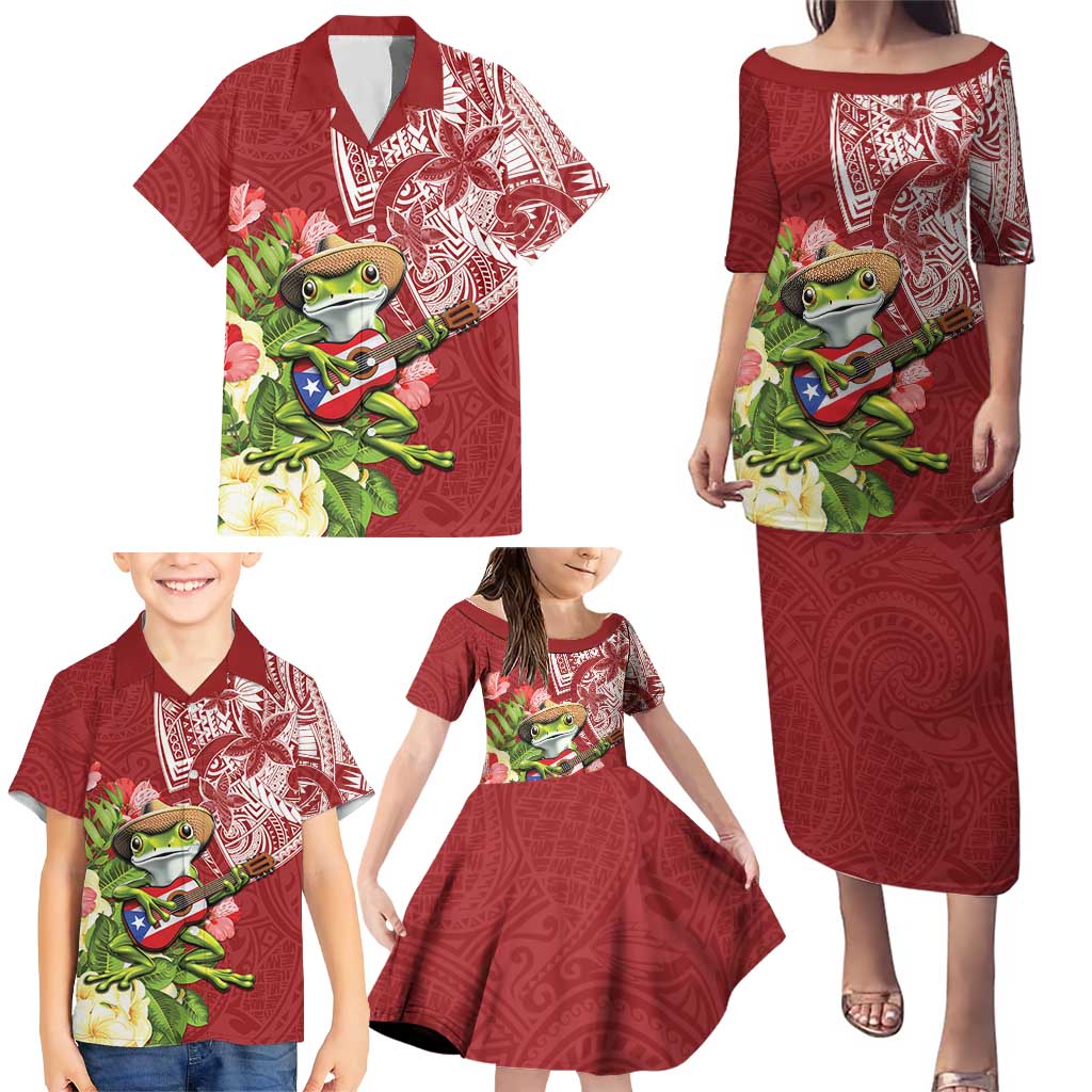 Puerto Rico Coqui Frog Family Matching Puletasi and Hawaiian Shirt Tropical Flowers Polynesian Style - Wonder Print Shop