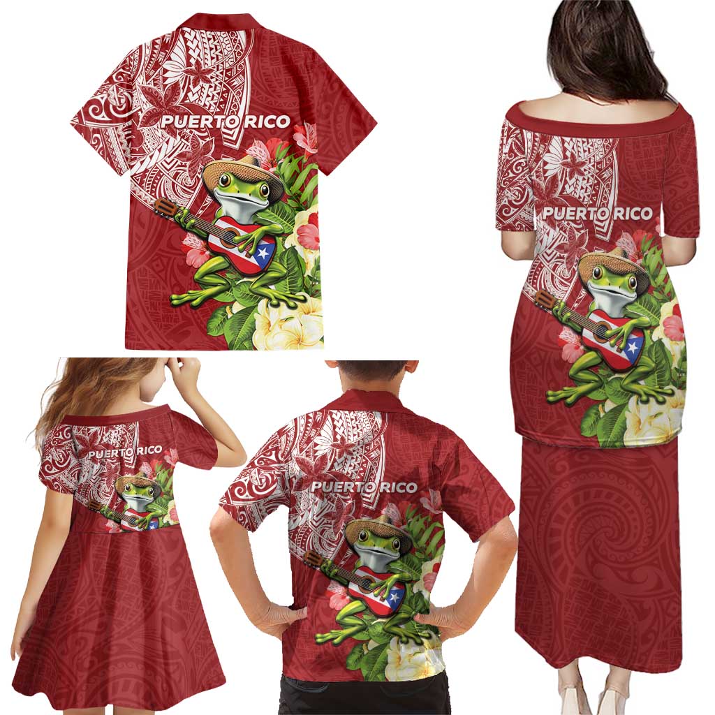 Puerto Rico Coqui Frog Family Matching Puletasi and Hawaiian Shirt Tropical Flowers Polynesian Style - Wonder Print Shop