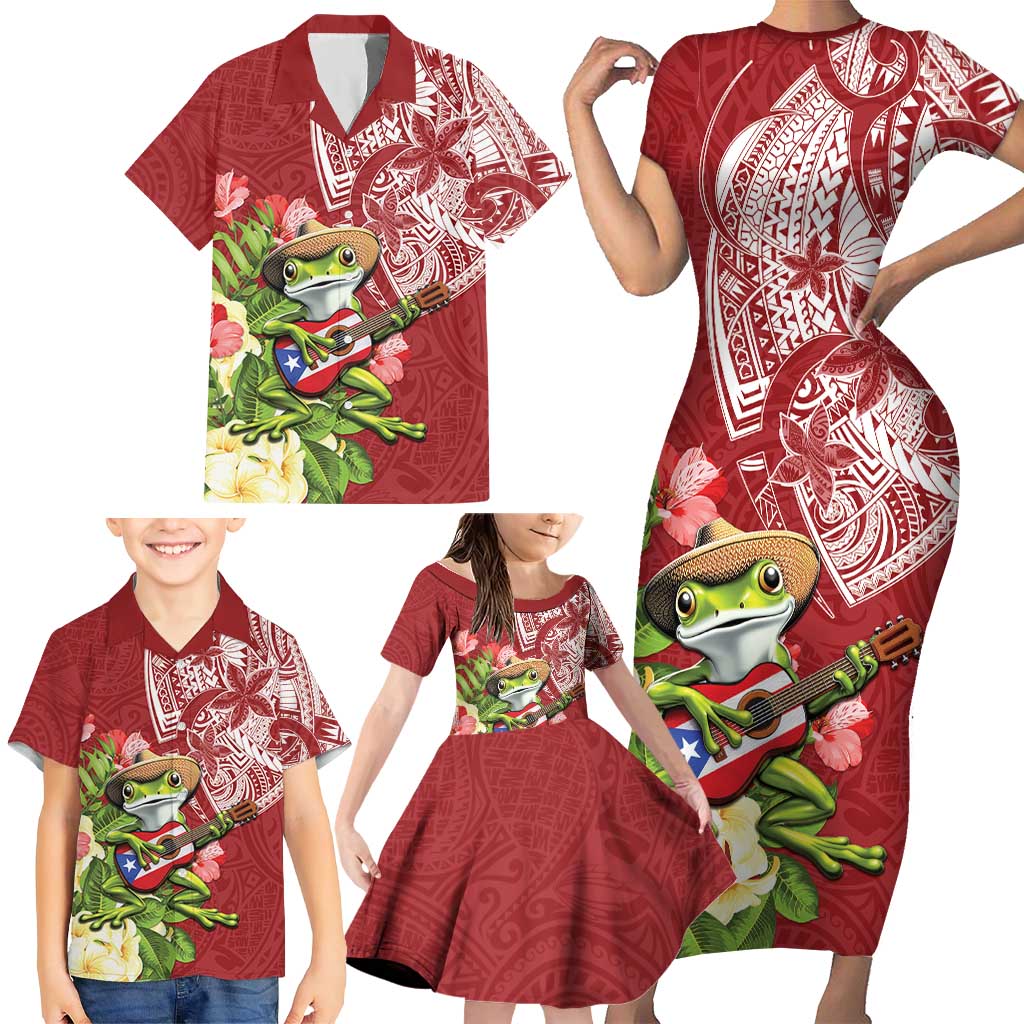 Puerto Rico Coqui Frog Family Matching Short Sleeve Bodycon Dress and Hawaiian Shirt Tropical Flowers Polynesian Style - Wonder Print Shop