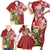 Puerto Rico Coqui Frog Family Matching Short Sleeve Bodycon Dress and Hawaiian Shirt Tropical Flowers Polynesian Style - Wonder Print Shop