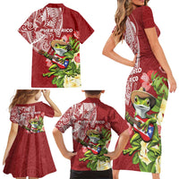 Puerto Rico Coqui Frog Family Matching Short Sleeve Bodycon Dress and Hawaiian Shirt Tropical Flowers Polynesian Style - Wonder Print Shop