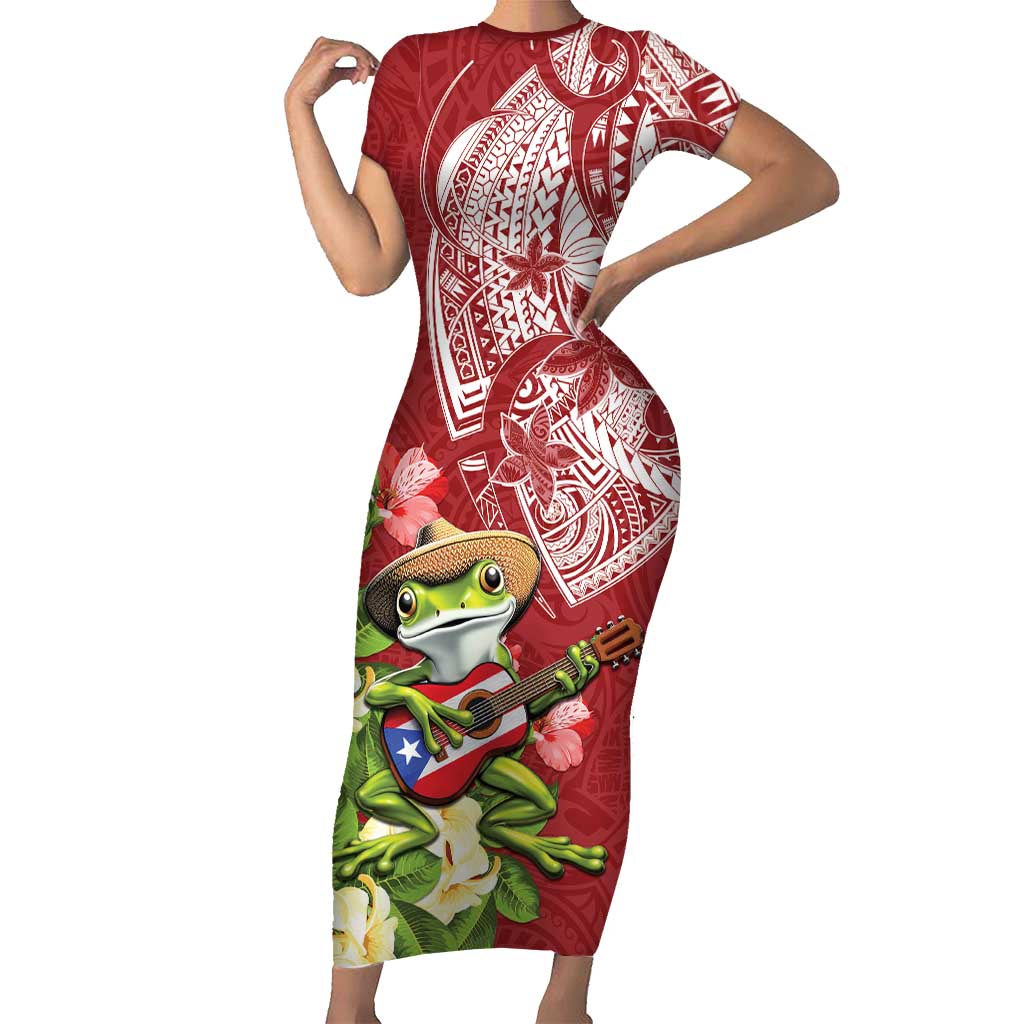 Puerto Rico Coqui Frog Family Matching Short Sleeve Bodycon Dress and Hawaiian Shirt Tropical Flowers Polynesian Style - Wonder Print Shop