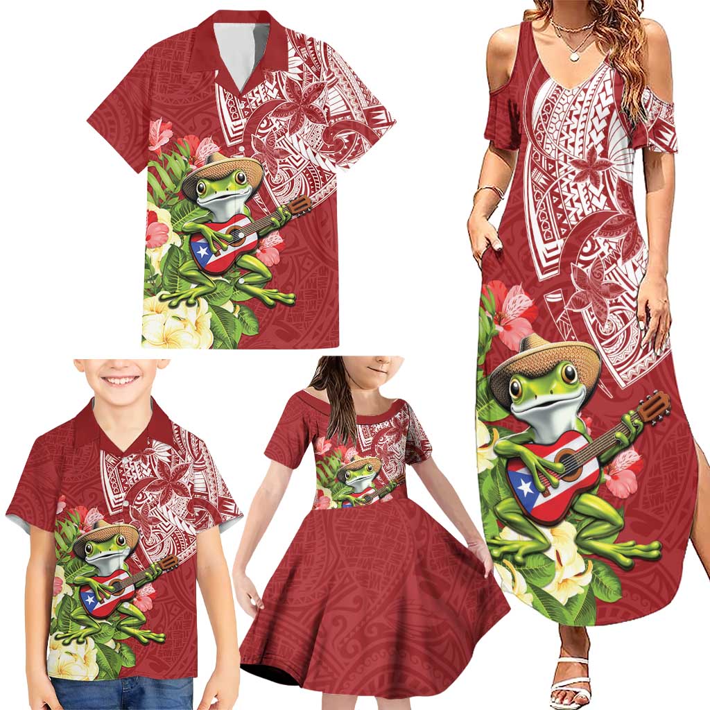 Puerto Rico Coqui Frog Family Matching Summer Maxi Dress and Hawaiian Shirt Tropical Flowers Polynesian Style - Wonder Print Shop