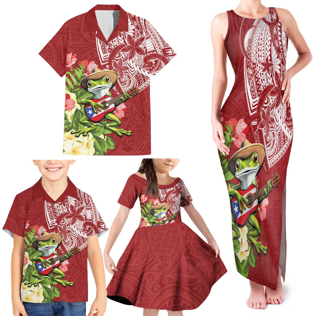 Puerto Rico Coqui Frog Family Matching Tank Maxi Dress and Hawaiian Shirt Tropical Flowers Polynesian Style - Wonder Print Shop