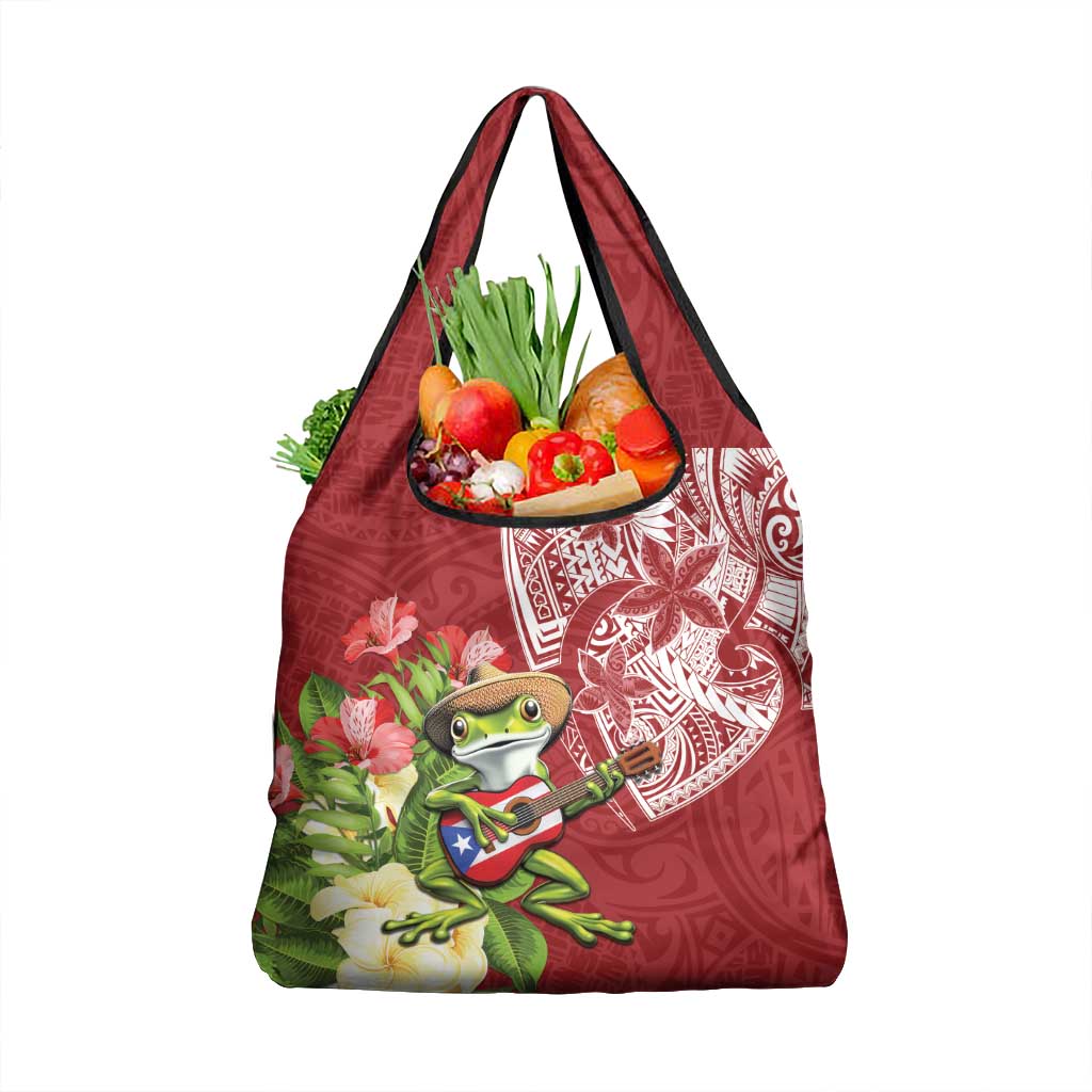 Puerto Rico Coqui Frog Grocery Bag Tropical Flowers Polynesian Style - Wonder Print Shop