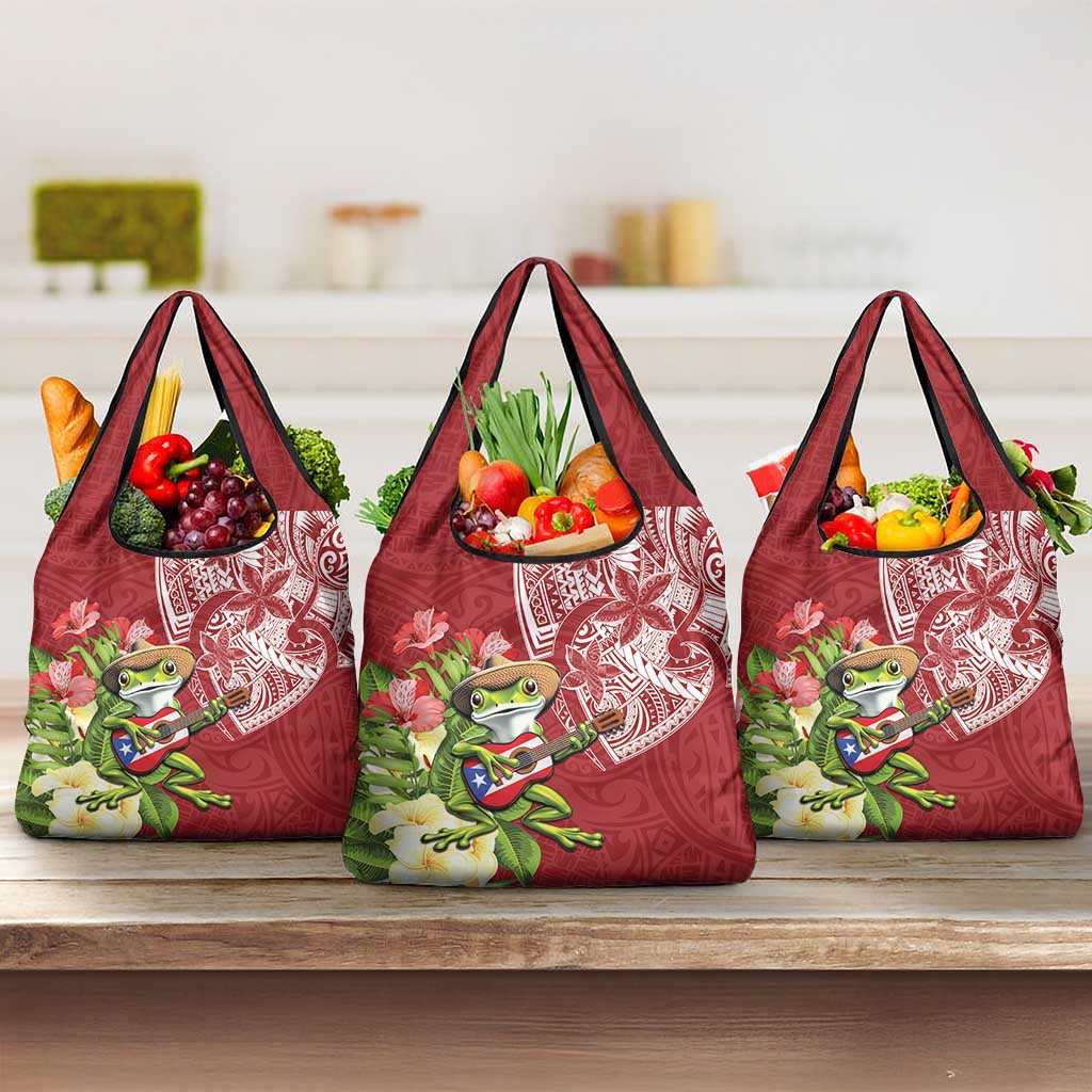 Puerto Rico Coqui Frog Grocery Bag Tropical Flowers Polynesian Style - Wonder Print Shop