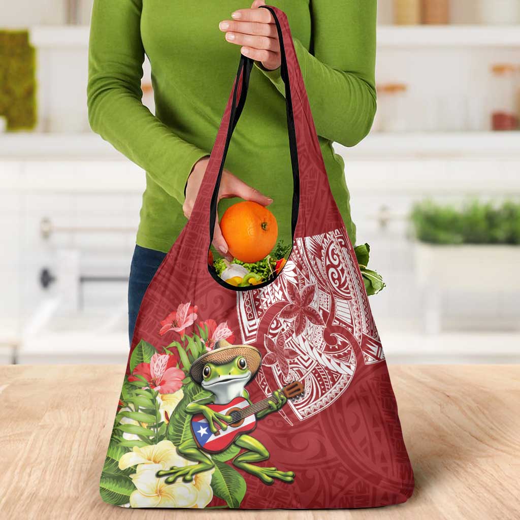 Puerto Rico Coqui Frog Grocery Bag Tropical Flowers Polynesian Style - Wonder Print Shop