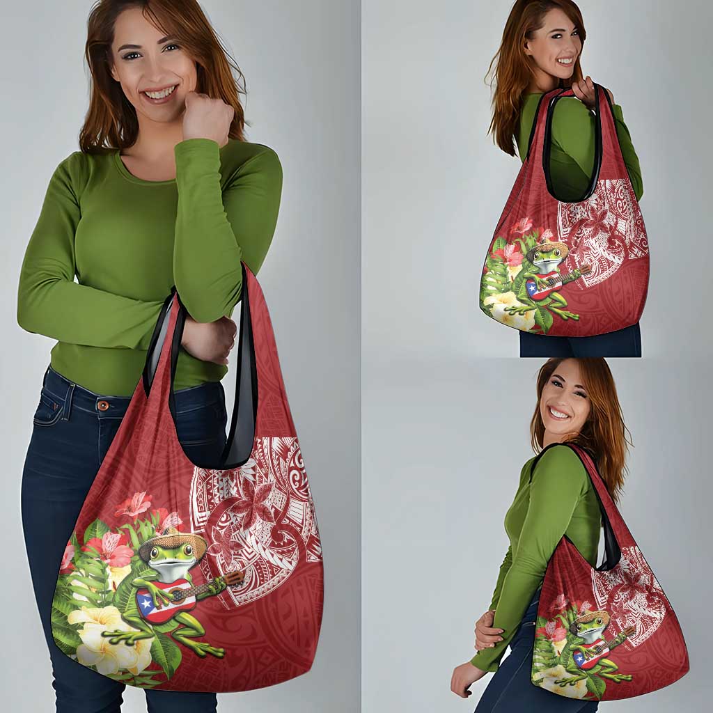 Puerto Rico Coqui Frog Grocery Bag Tropical Flowers Polynesian Style - Wonder Print Shop