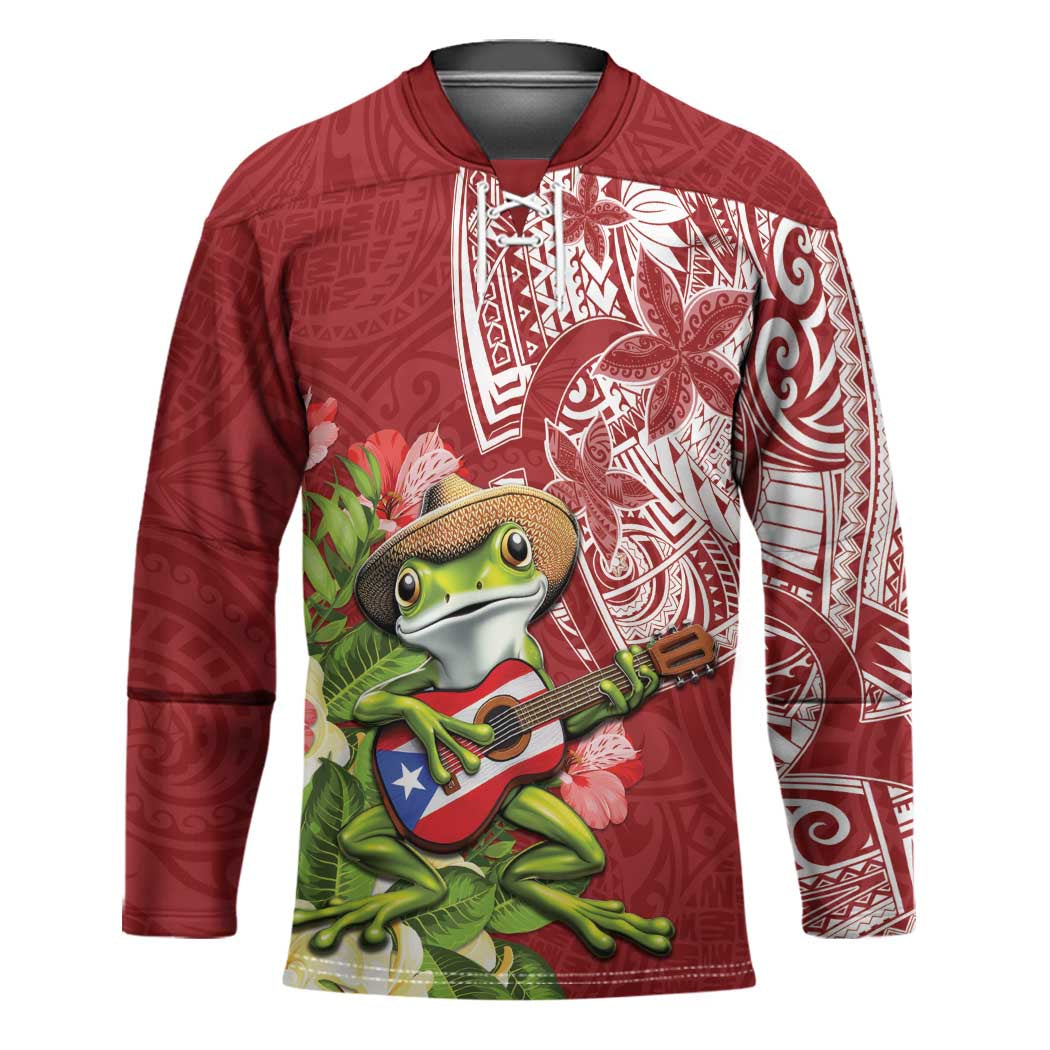 Puerto Rico Coqui Frog Hockey Jersey Tropical Flowers Polynesian Style - Wonder Print Shop