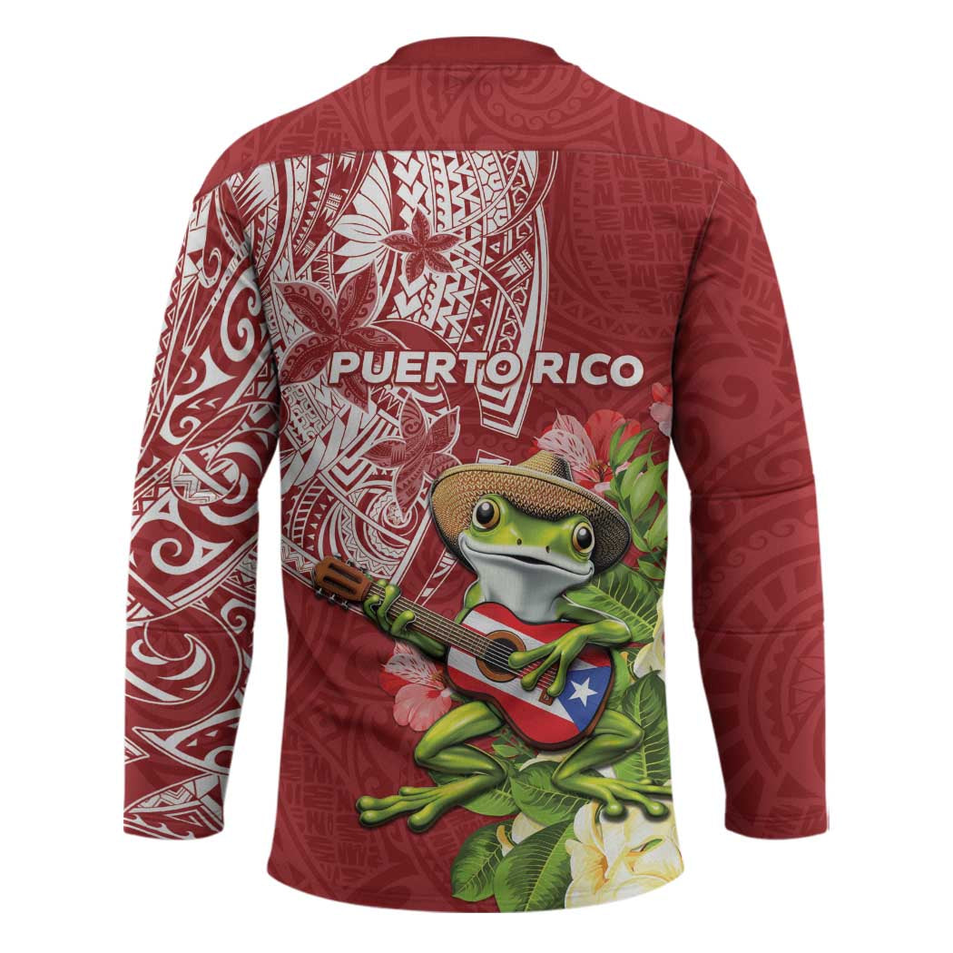Puerto Rico Coqui Frog Hockey Jersey Tropical Flowers Polynesian Style - Wonder Print Shop
