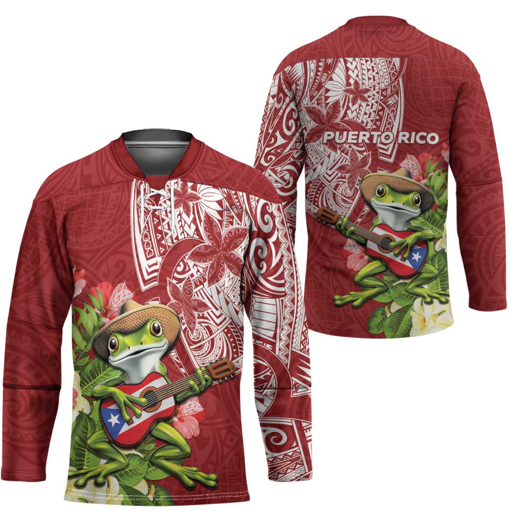 Puerto Rico Coqui Frog Hockey Jersey Tropical Flowers Polynesian Style - Wonder Print Shop