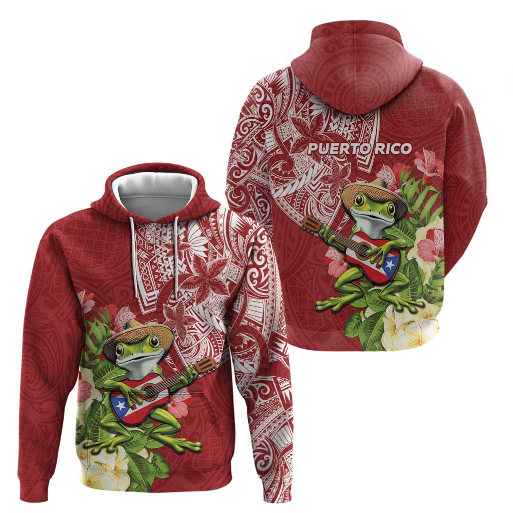 Puerto Rico Coqui Frog Hoodie Tropical Flowers Polynesian Style - Wonder Print Shop