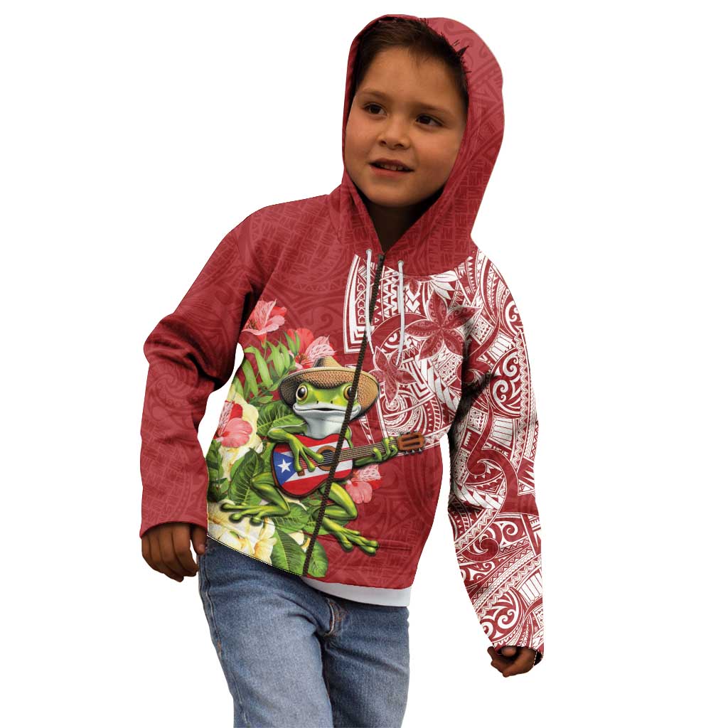 Puerto Rico Coqui Frog Kid Hoodie Tropical Flowers Polynesian Style - Wonder Print Shop