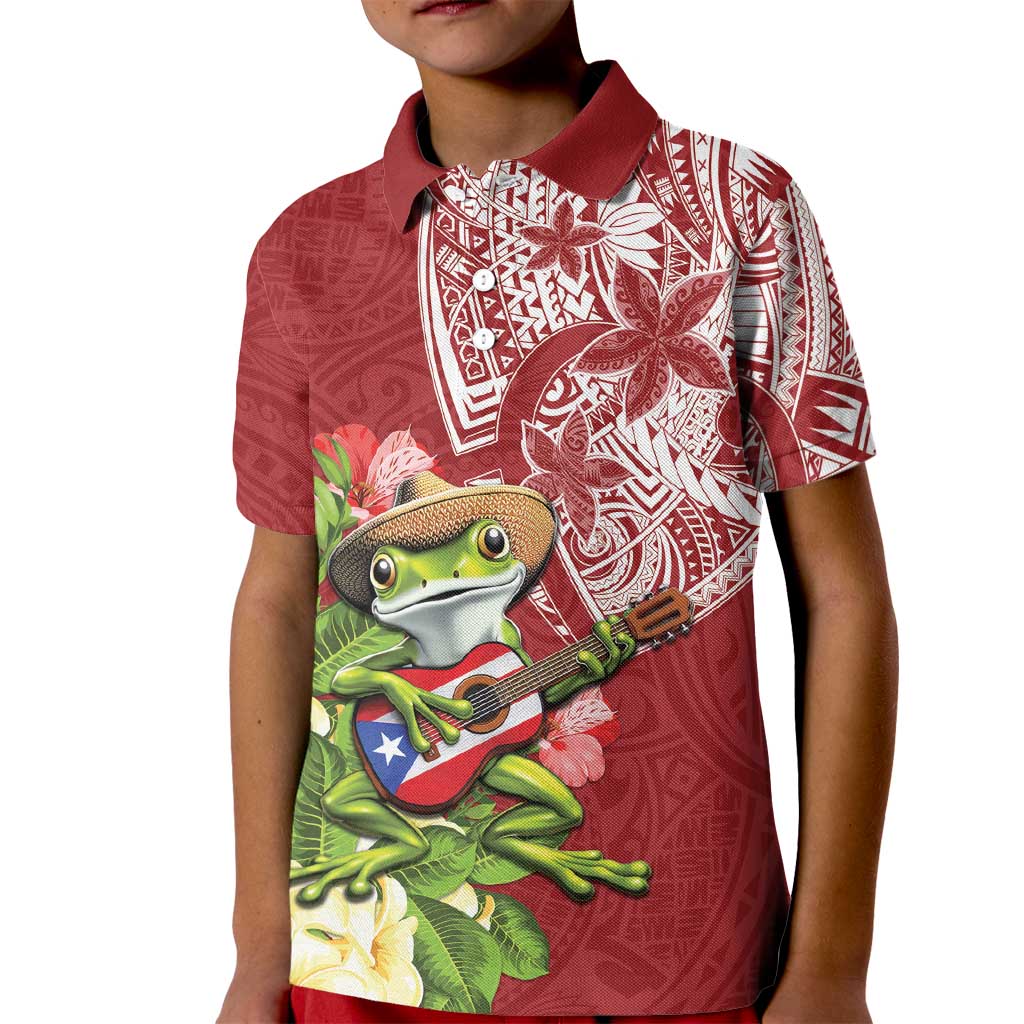 Puerto Rico Coqui Frog Kid Polo Shirt Tropical Flowers Polynesian Style - Wonder Print Shop