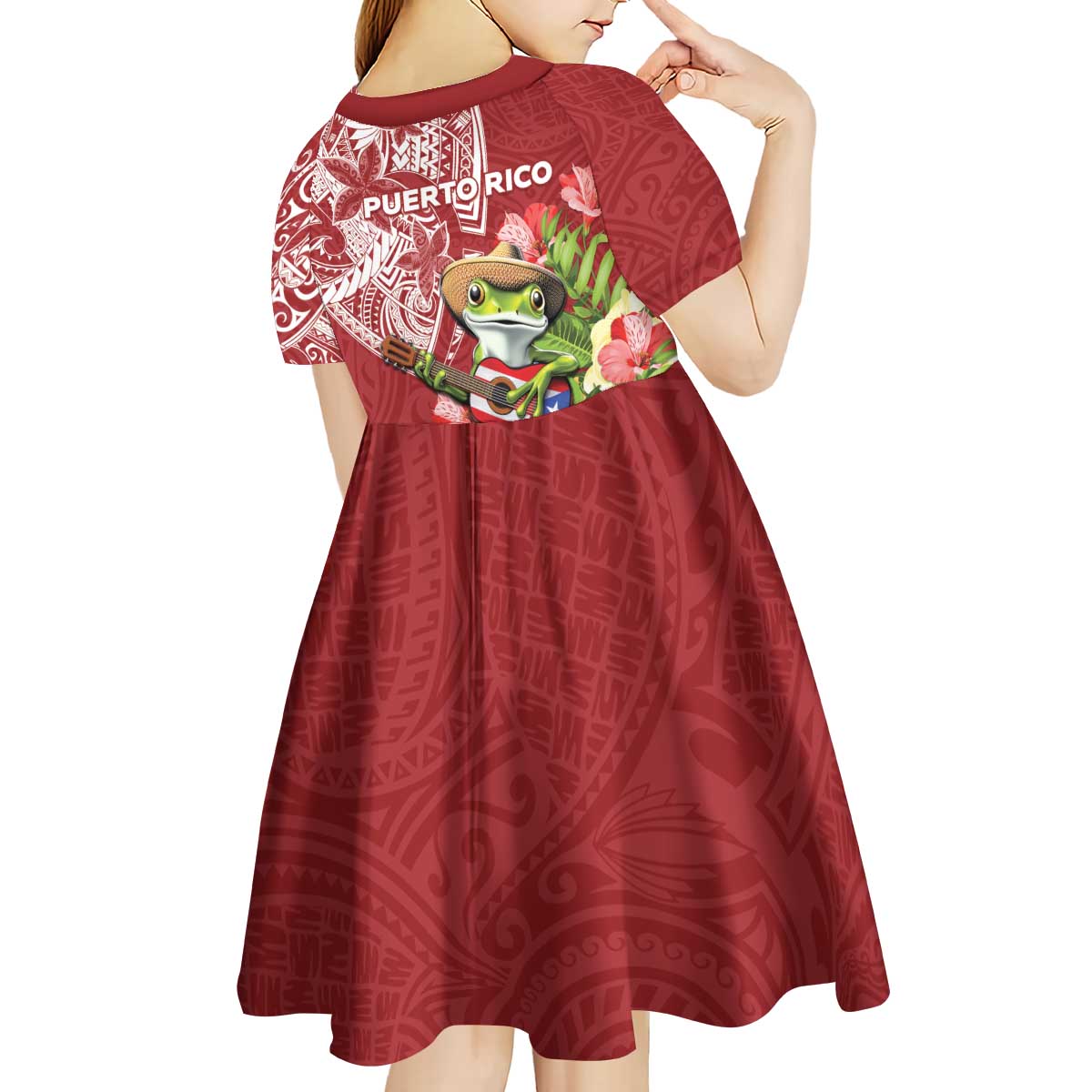 Puerto Rico Coqui Frog Kid Short Sleeve Dress Tropical Flowers Polynesian Style - Wonder Print Shop