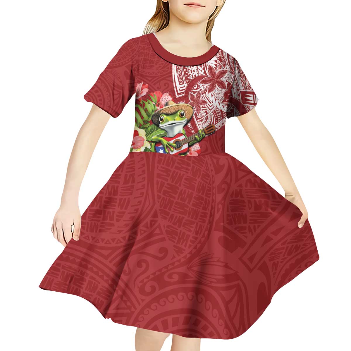 Puerto Rico Coqui Frog Kid Short Sleeve Dress Tropical Flowers Polynesian Style - Wonder Print Shop