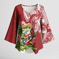 Puerto Rico Coqui Frog Kimono Sleeve Blouse Tropical Flowers Polynesian Style - Wonder Print Shop