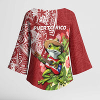 Puerto Rico Coqui Frog Kimono Sleeve Blouse Tropical Flowers Polynesian Style - Wonder Print Shop