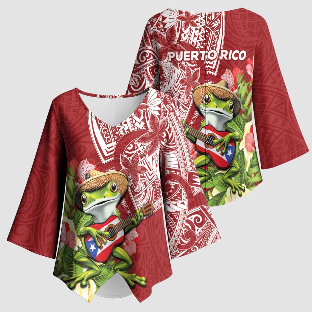 Puerto Rico Coqui Frog Kimono Sleeve Blouse Tropical Flowers Polynesian Style - Wonder Print Shop