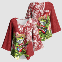 Puerto Rico Coqui Frog Kimono Sleeve Blouse Tropical Flowers Polynesian Style - Wonder Print Shop