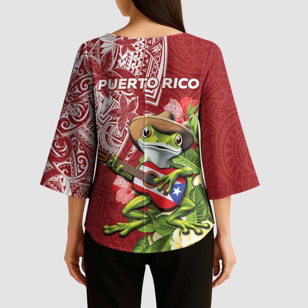 Puerto Rico Coqui Frog Kimono Sleeve Blouse Tropical Flowers Polynesian Style - Wonder Print Shop