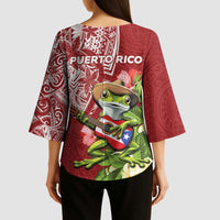 Puerto Rico Coqui Frog Kimono Sleeve Blouse Tropical Flowers Polynesian Style - Wonder Print Shop