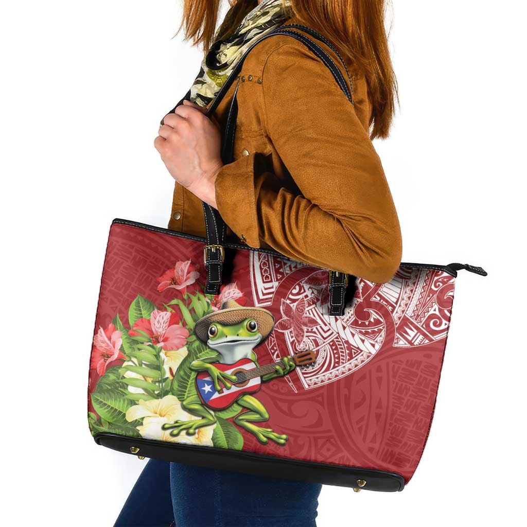 Puerto Rico Coqui Frog Leather Tote Bag Tropical Flowers Polynesian Style - Wonder Print Shop