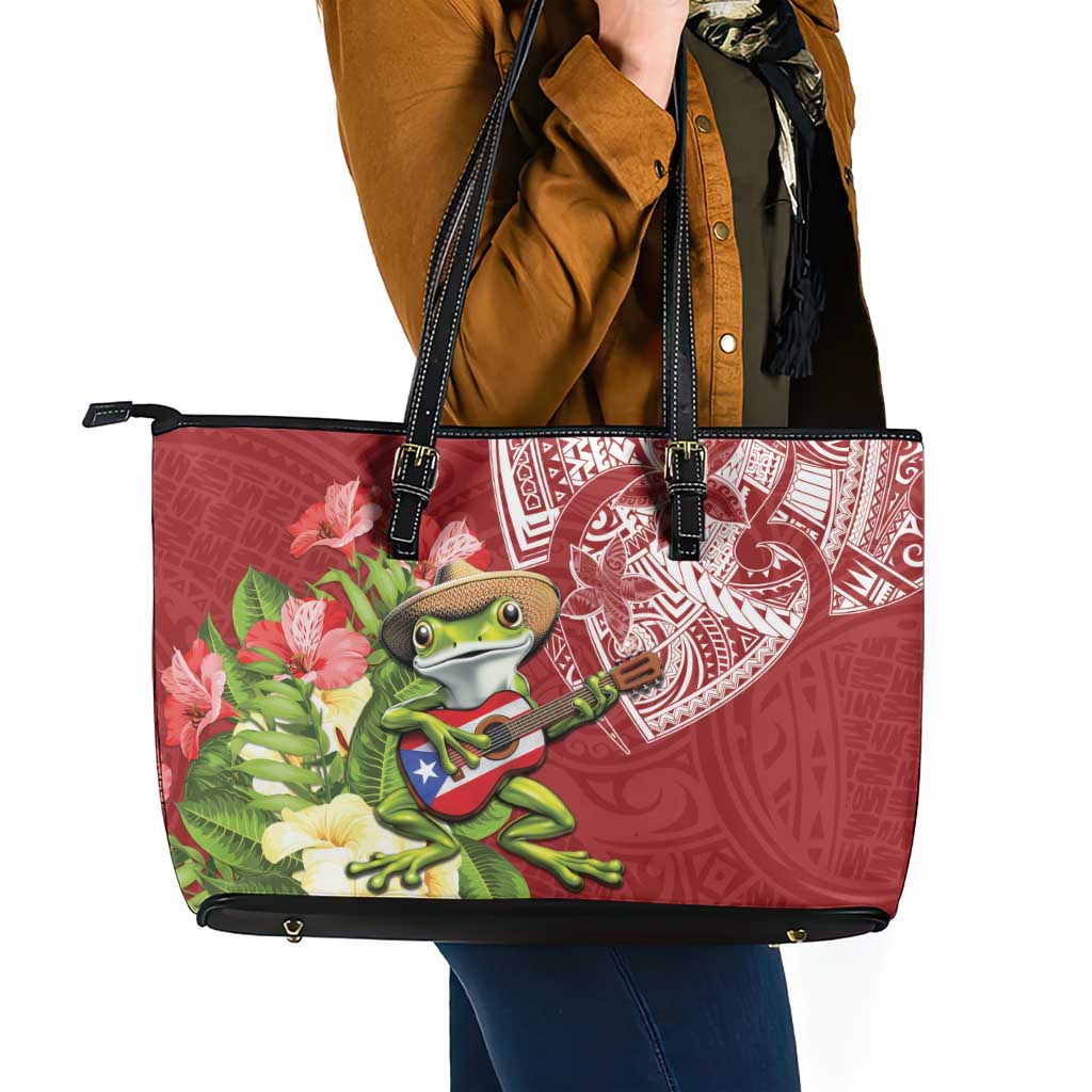 Puerto Rico Coqui Frog Leather Tote Bag Tropical Flowers Polynesian Style - Wonder Print Shop