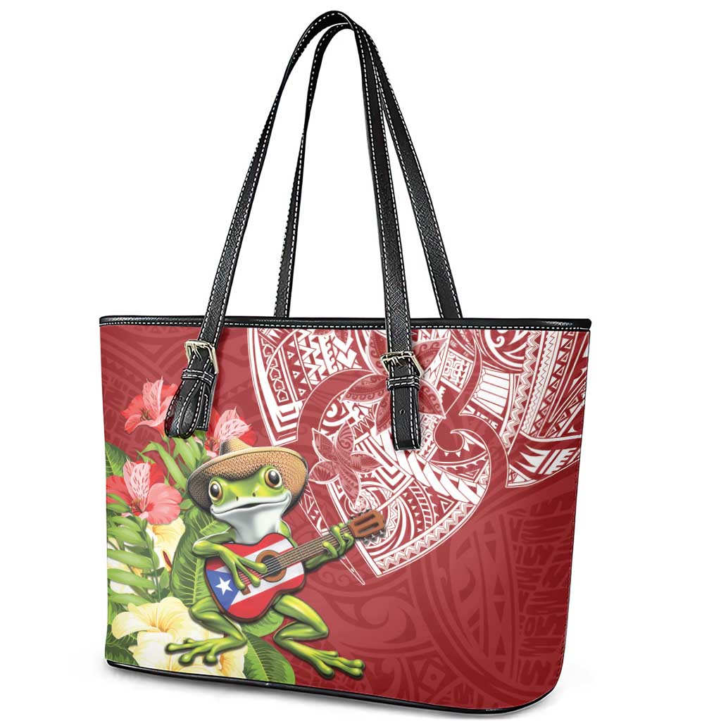 Puerto Rico Coqui Frog Leather Tote Bag Tropical Flowers Polynesian Style - Wonder Print Shop
