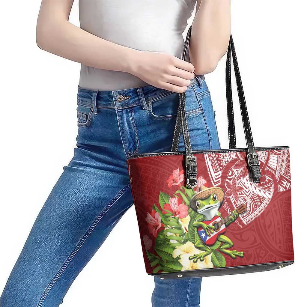 Puerto Rico Coqui Frog Leather Tote Bag Tropical Flowers Polynesian Style - Wonder Print Shop