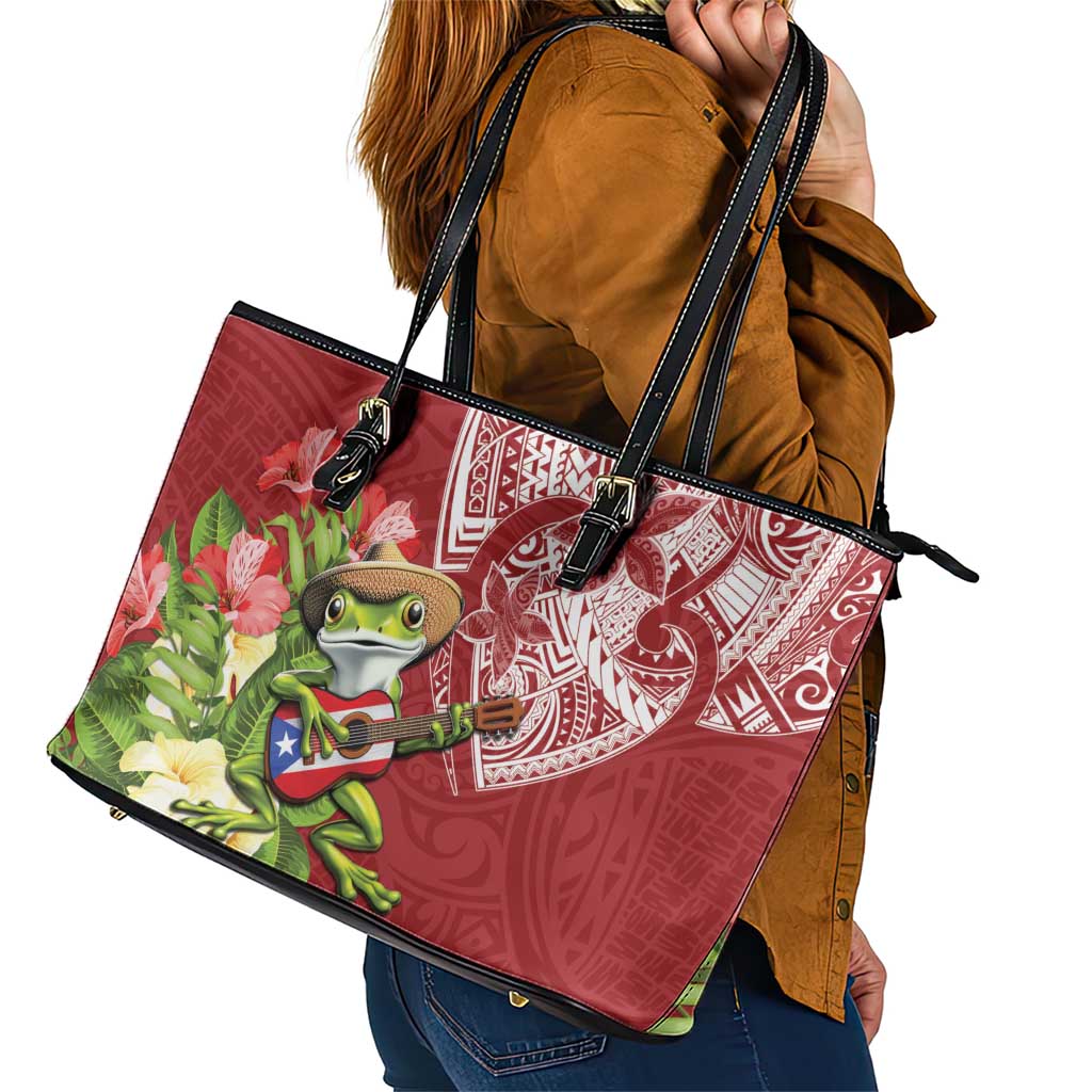Puerto Rico Coqui Frog Leather Tote Bag Tropical Flowers Polynesian Style - Wonder Print Shop