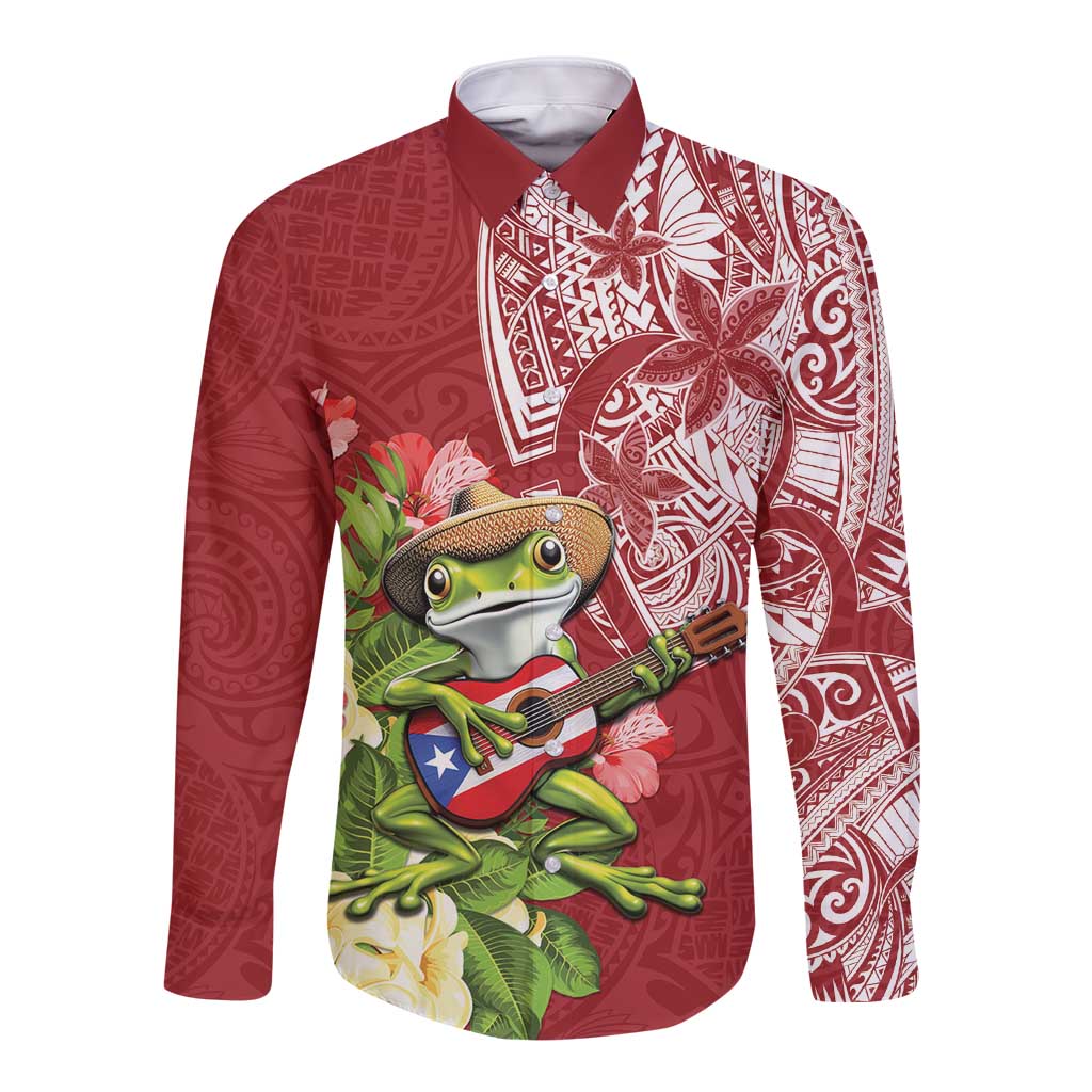 Puerto Rico Coqui Frog Long Sleeve Button Shirt Tropical Flowers Polynesian Style - Wonder Print Shop