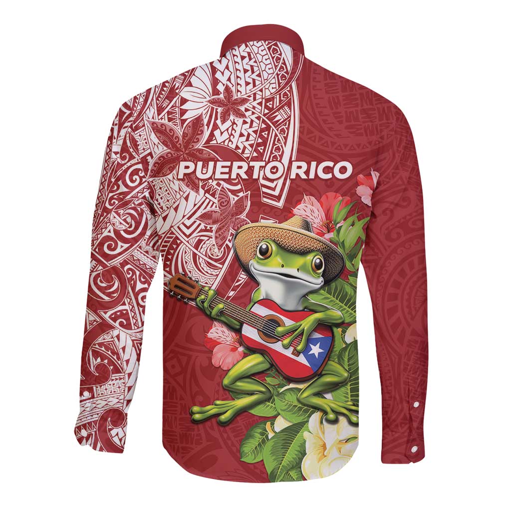Puerto Rico Coqui Frog Long Sleeve Button Shirt Tropical Flowers Polynesian Style - Wonder Print Shop
