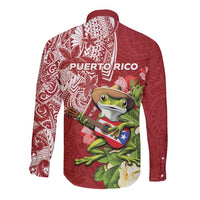 Puerto Rico Coqui Frog Long Sleeve Button Shirt Tropical Flowers Polynesian Style - Wonder Print Shop