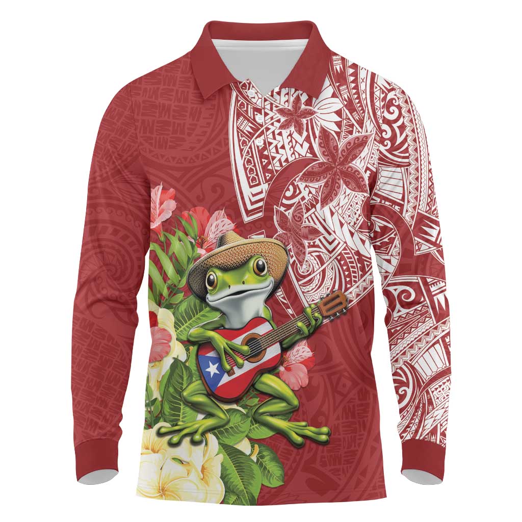 Puerto Rico Coqui Frog Long Sleeve Polo Shirt Tropical Flowers Polynesian Style - Wonder Print Shop